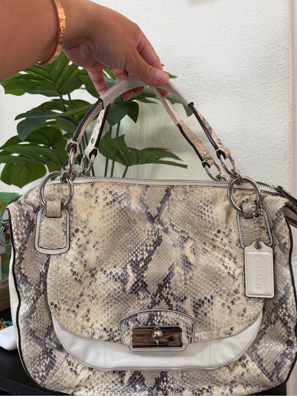 Coach Cream and Brown Snakeskin Leather Satchel